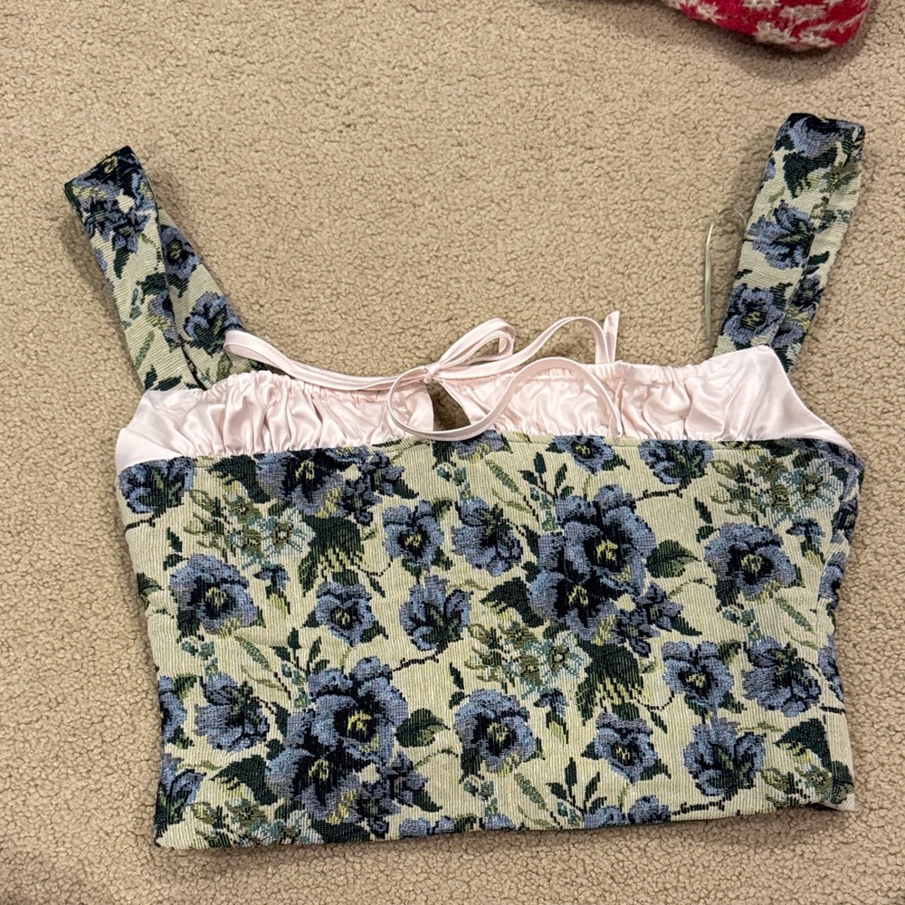 Blue Floral Tapestry Crop Top with Pink Trim